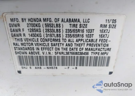 2006 Honda Odyssey Exl from USA, damaged, VIN 5FNRL38766B038456